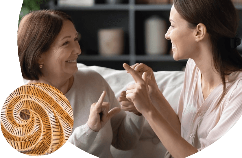 Two women communicating in sign language